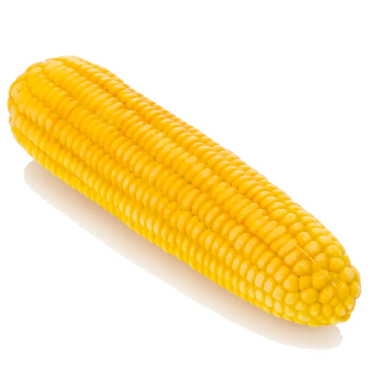 A single, bright yellow ear of corn on the cob is photographed against a plain white background, angled diagonally. The…