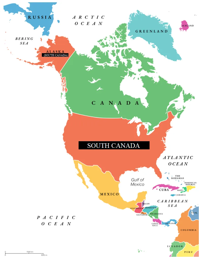A map of North America with Canada labeled in green and the United States labeled as 'SOUTH CANADA' in a black box. Alaska…