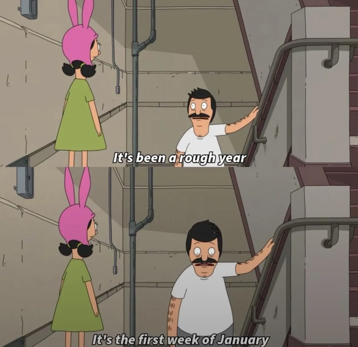 Two panels from the animated show 'Bob's Burgers' show Bob standing on a staircase looking up at his daughter Tina. In the…