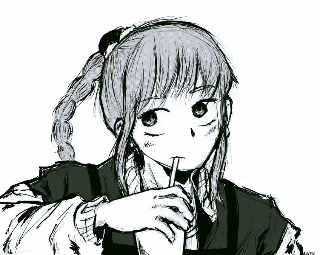 A black-and-white anime-style illustration of a young girl with braided hair, holding a drink with a straw to her lips, one…