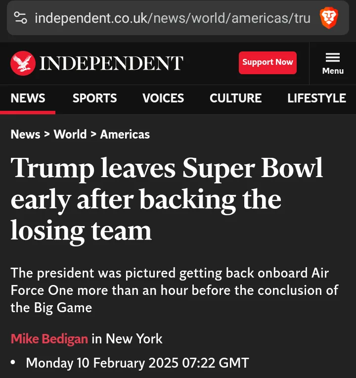 A screenshot of a news article from the Independent website with the headline 'Trump leaves Super Bowl early after backing…