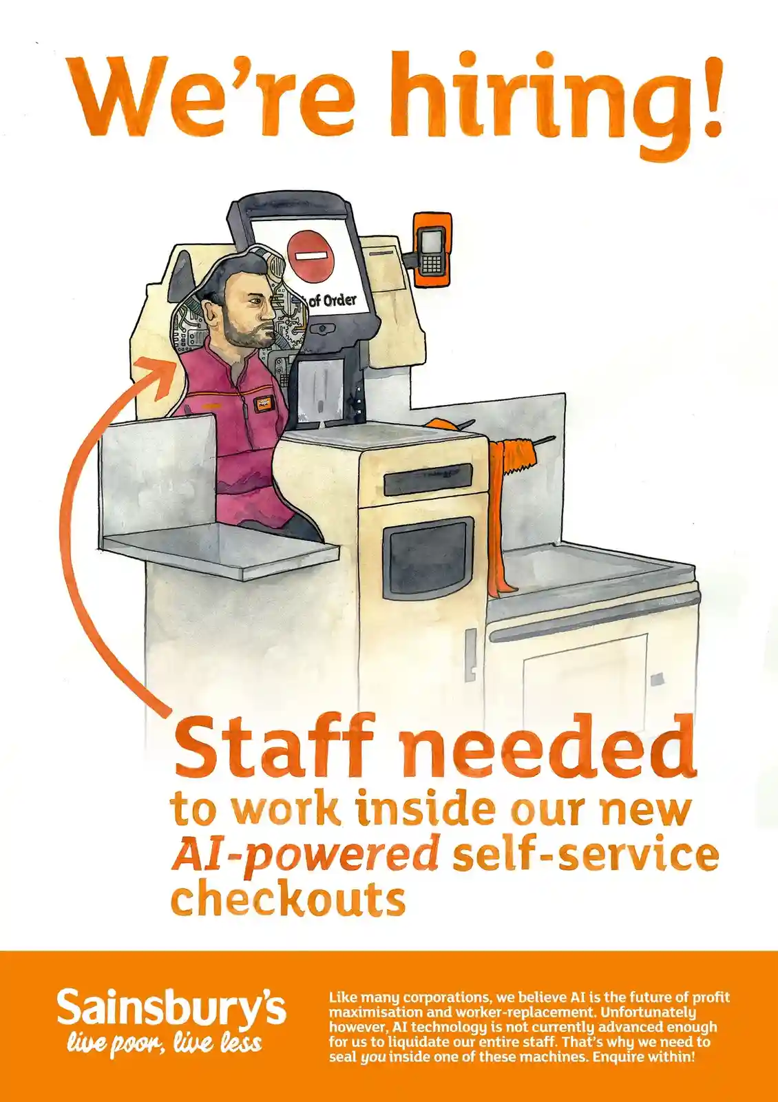 A cartoon-style hiring ad for Sainsbury's shows a man in a magenta uniform seated inside a beige self-checkout machine, with…