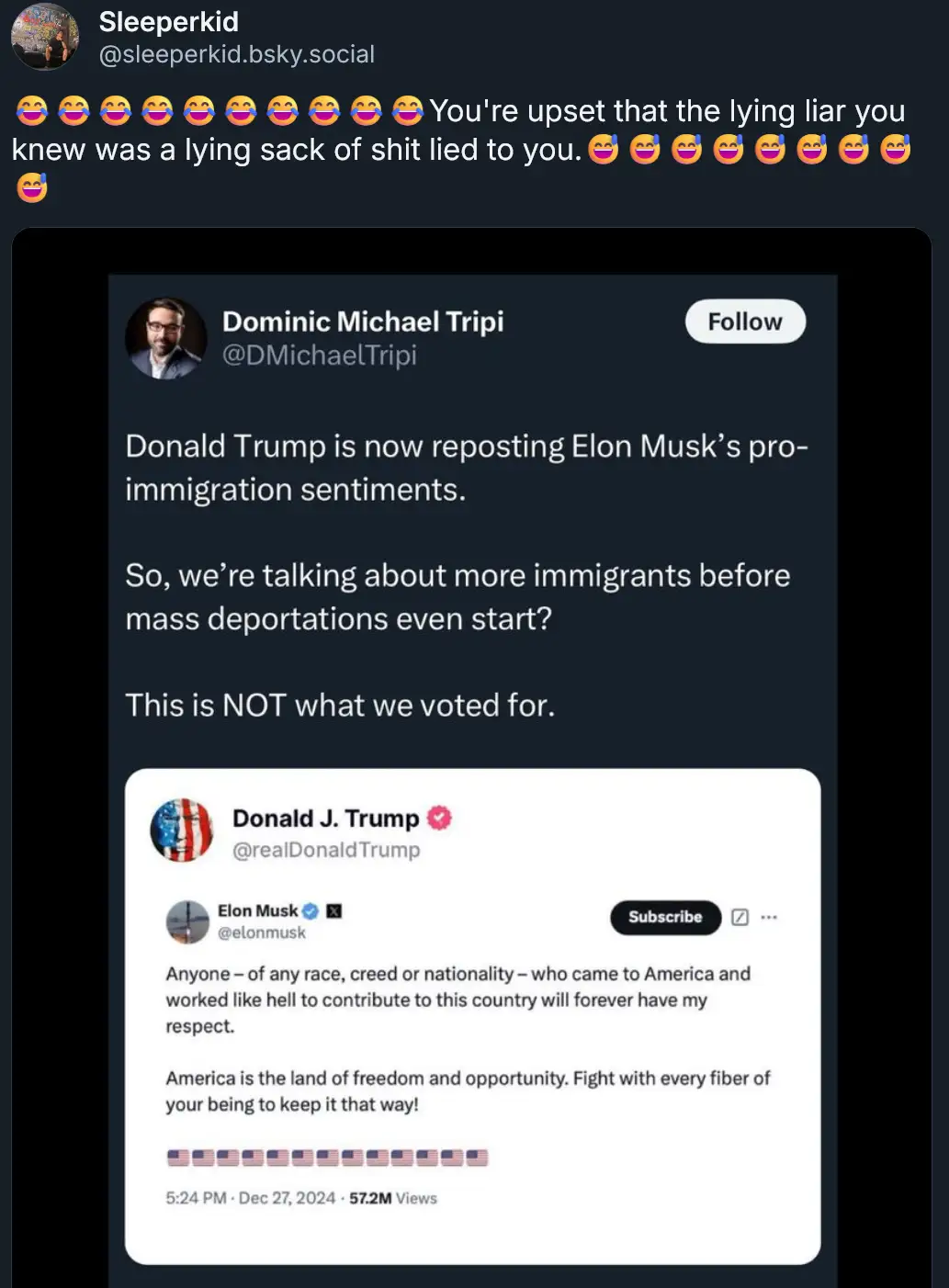 A screenshot of a social media post by Dominic Michael Tripi criticizing Donald Trump for reposting Elon Musk's…