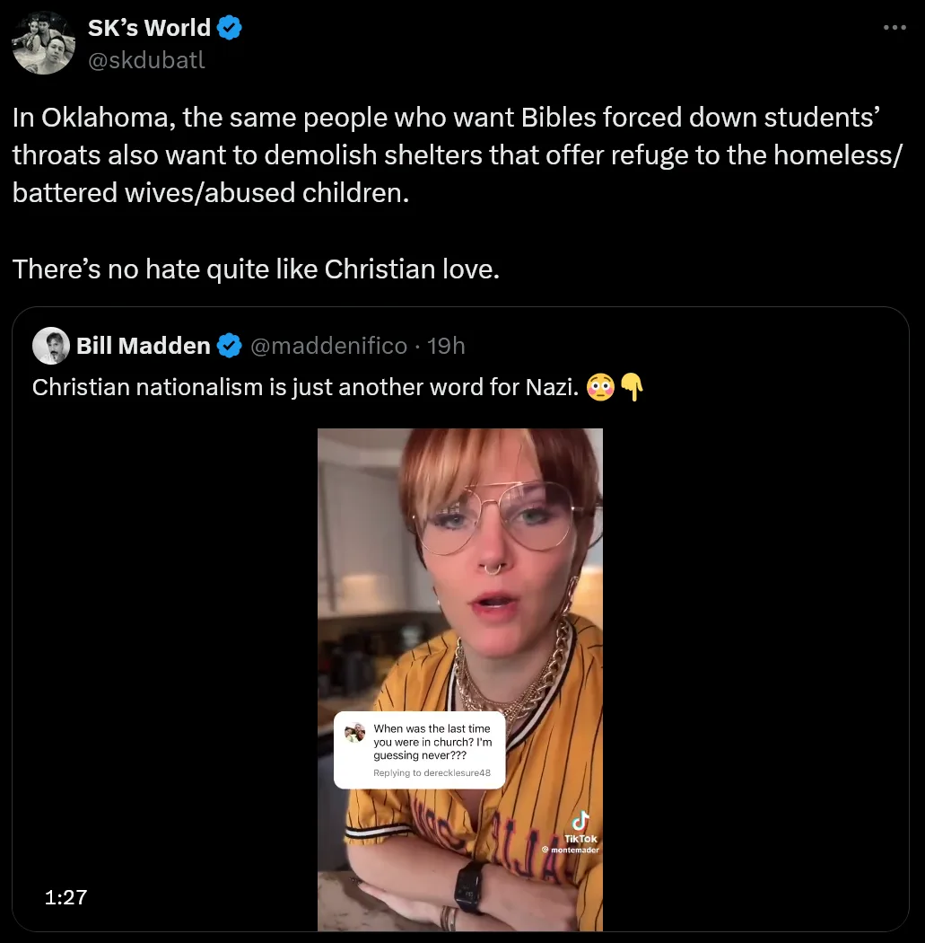 A screenshot of a Twitter thread shows a tweet from 'SK's World' criticizing Christian nationalism in Oklahoma, followed by…