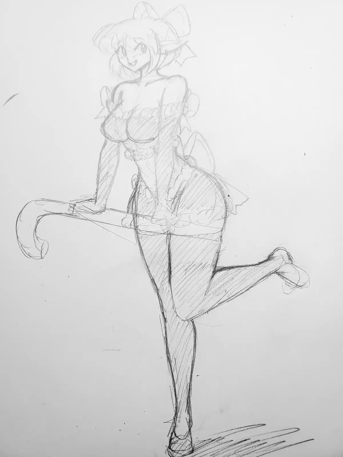 A pencil sketch of an anime-style female character with a large bow in her hair, wearing a frilly outfit, standing in a…