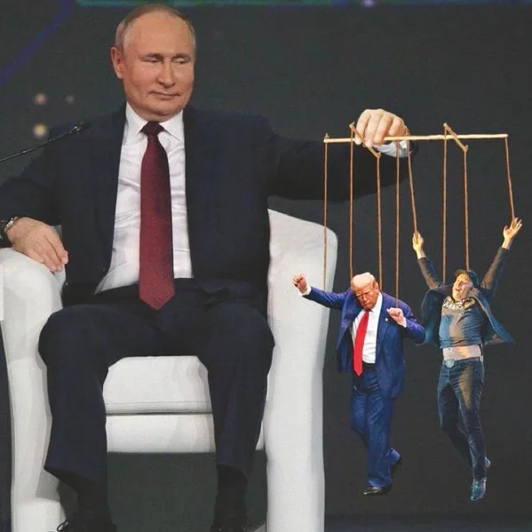 A large image of Vladimir Putin seated in a white chair, holding strings that control two smaller figures below him: one is…