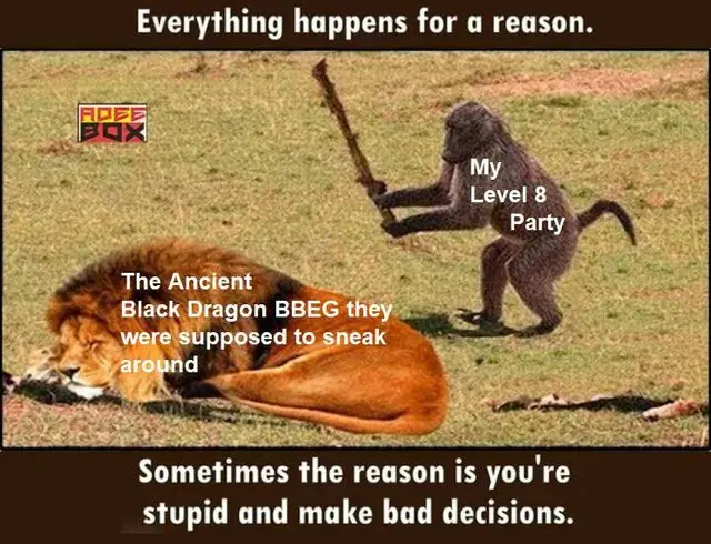 A baboon holding a stick stands over a sleeping lion, with text overlaying both animals. The baboon is labeled 'My Level 8…