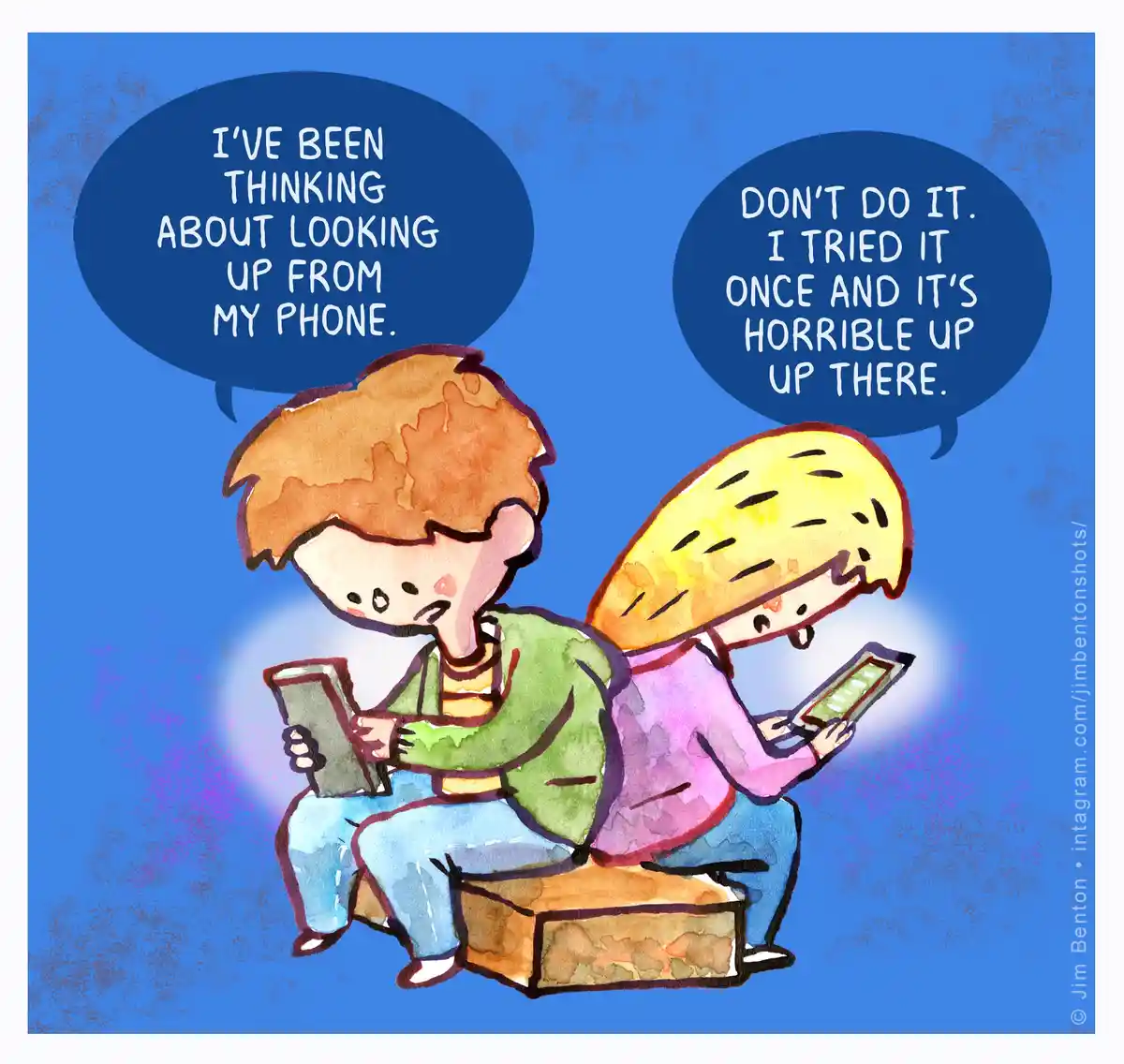 Two cartoon people sit side-by-side on a bench, both intensely focused on their phones. The person on the left says, 'I've…