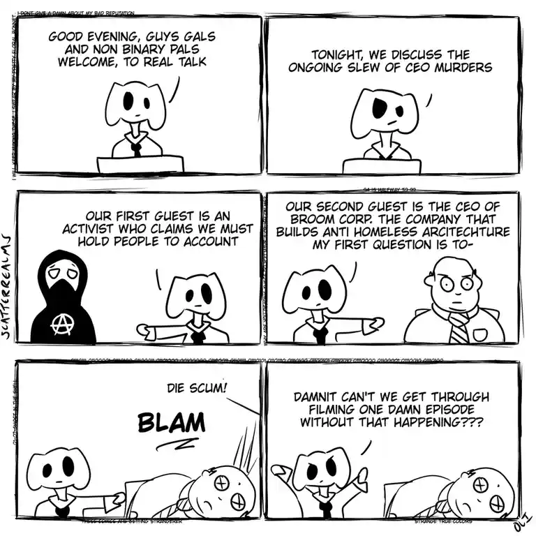 A six-panel comic strip shows a host introducing a talk show about CEO murders. The host first welcomes guests, then…