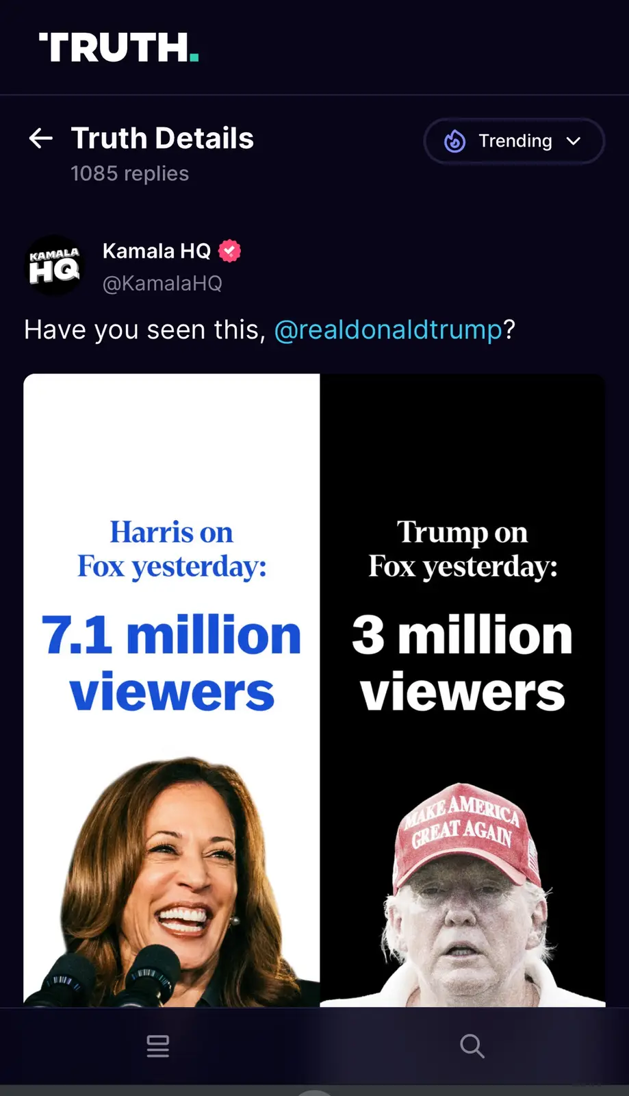 A social media post from 'Kamala HQ' shows a split image: Kamala Harris smiling with text 'Harris on Fox yesterday: 7.1…