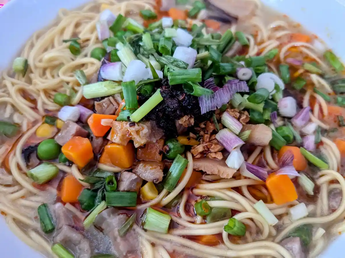a close-up photo of a bowl of noodles topped with a large pile of chopped green onions, diced carrots, peas, pieces of meat…