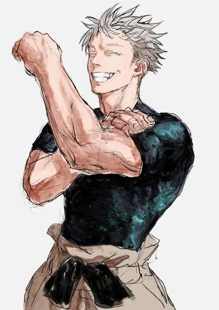 An anime-style illustration of a muscular man with spiky white hair, wearing a black top and beige pants, flexing his bicep…