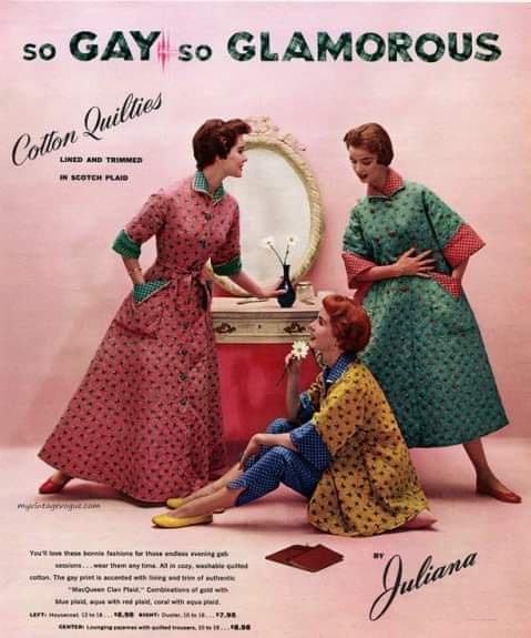 A vintage 1950s fashion advertisement for 'Cotton Quillies' by Juliana, featuring three women in colorful, patterned dresses…