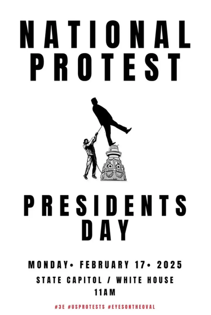 A black-and-white poster styled like a protest flyer, featuring bold text announcing a 'NATIONAL PROTEST' on 'PRESIDENTS…