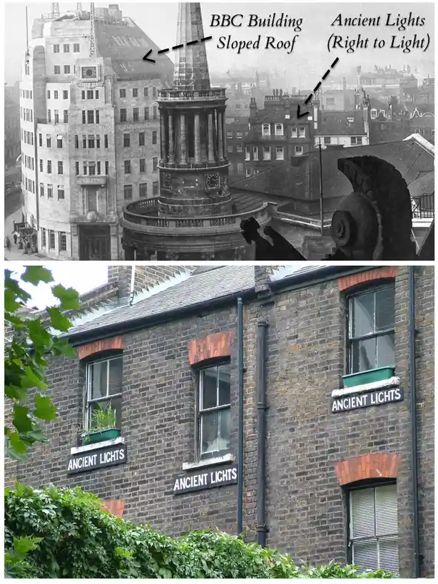 The image is split into two parts: the top shows a historical black-and-white photo of a BBC building with a sloped roof and…
