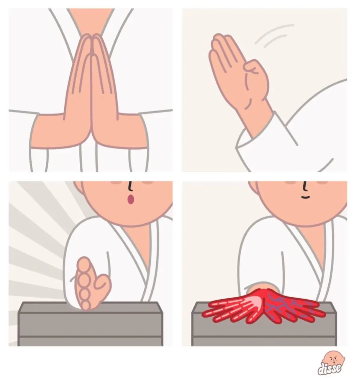 A four-panel cartoon depicts a person in a white robe starting with hands clasped in prayer, then waving, then placing hands…