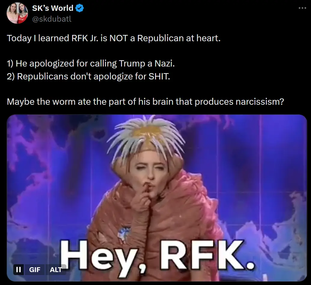 A screenshot of a tweet by 'SK's World' (@skdubatl) that reads: 'Today I learned RFK Jr. is NOT a Republican at heart. 1) He…