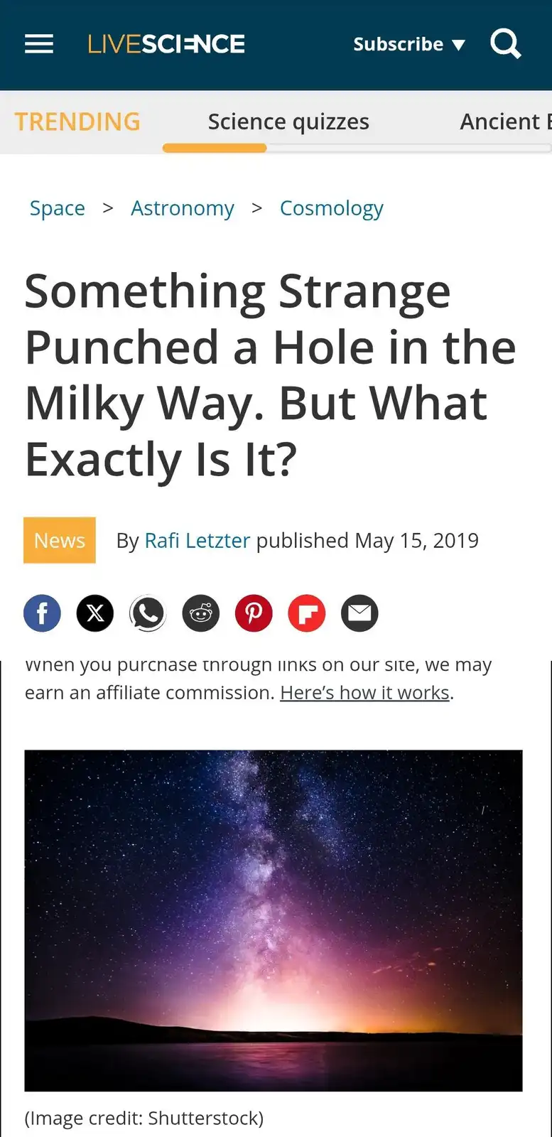 A screenshot of a Live Science article titled 'Something Strange Punched a Hole in the Milky Way. But What Exactly Is It?'…