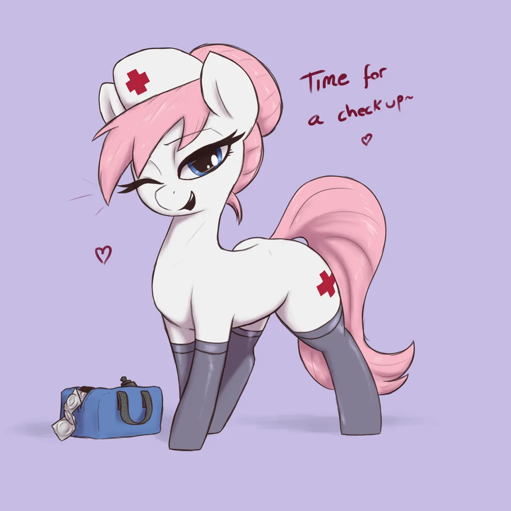 A cartoon pony with pink hair and a white nurse's cap with a red cross winks at the viewer while standing next to a blue…