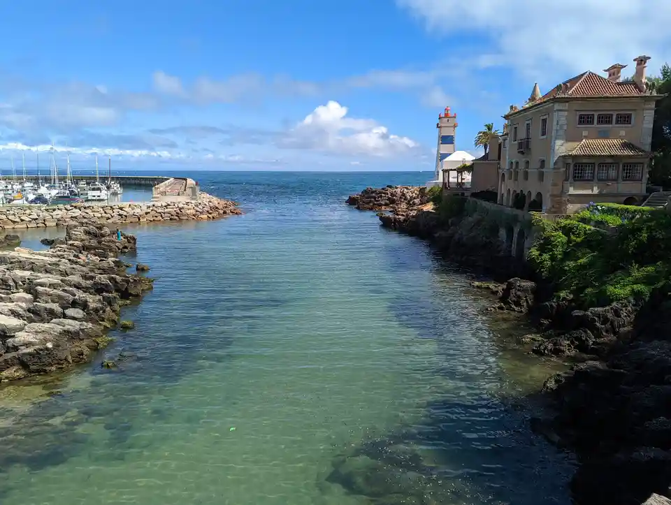 A scenic coastal view shows a calm, clear water inlet bordered by rocky shores, with a marina full of sailboats to the left…