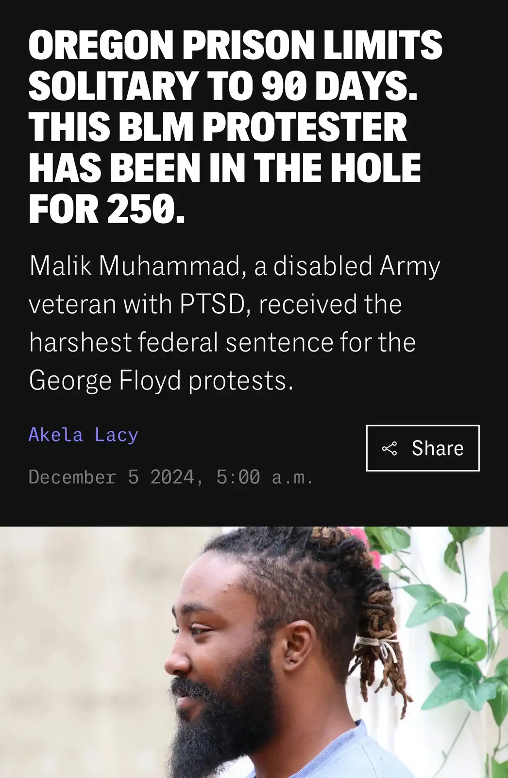 The image displays a news article snippet with bold white text stating that Oregon prison limits solitary confinement to 90…