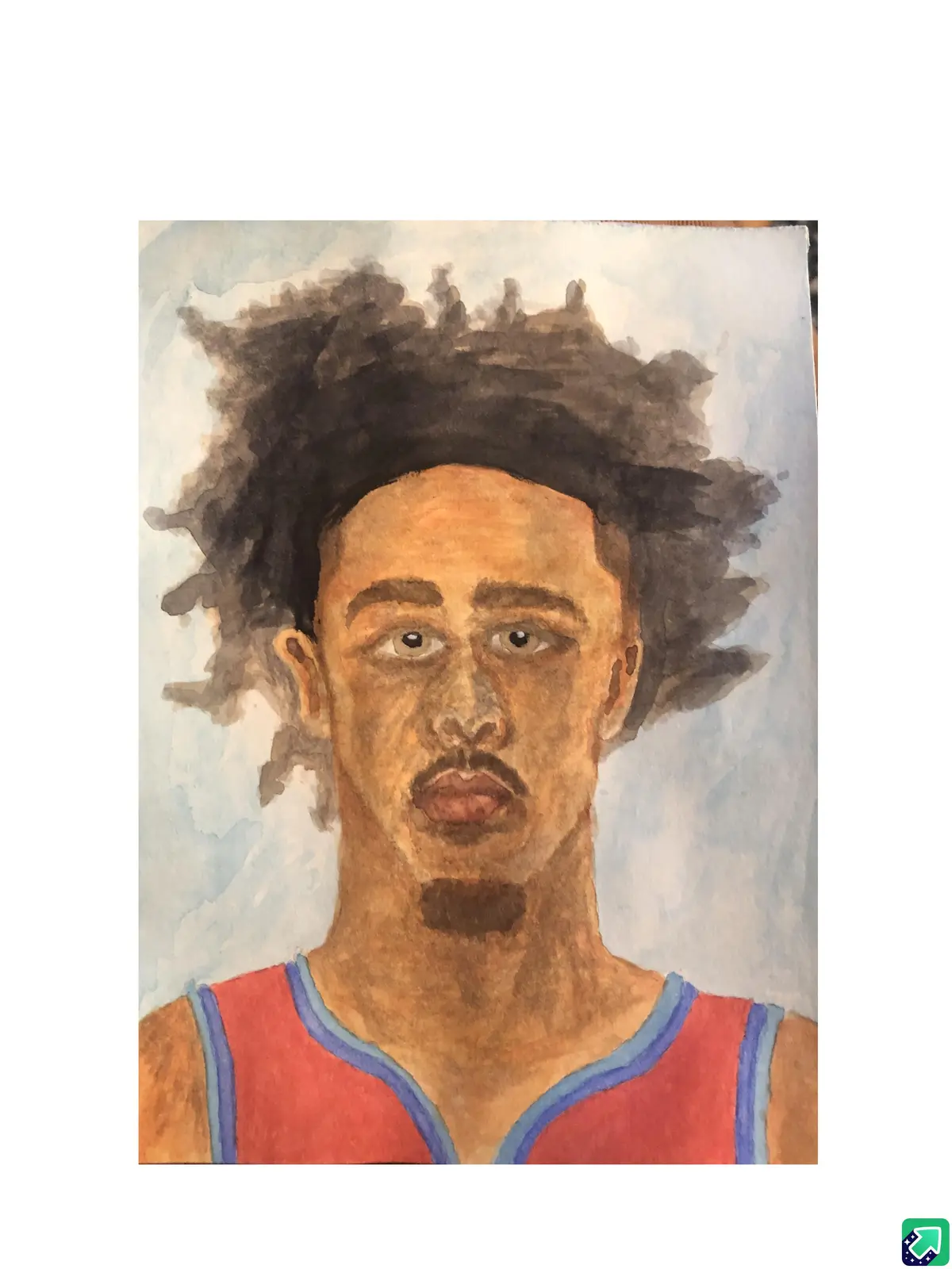 This is a watercolor painting of a man with a red and blue basketball jersey, looking directly at the viewer with a neutral…