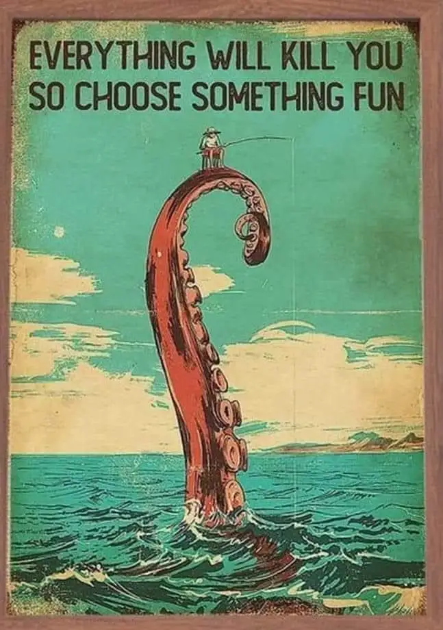 A vintage-style poster depicts a lone fisherman sitting atop a giant red octopus tentacle rising from turbulent teal ocean…