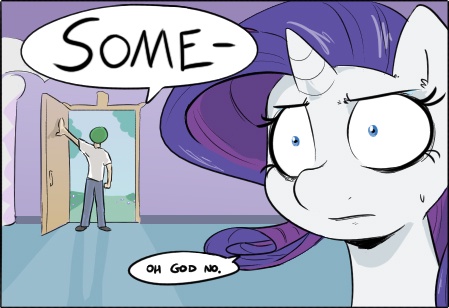 A white unicorn with purple hair and a horn, wearing a purple hat, stares with wide eyes and a horrified expression. In the…