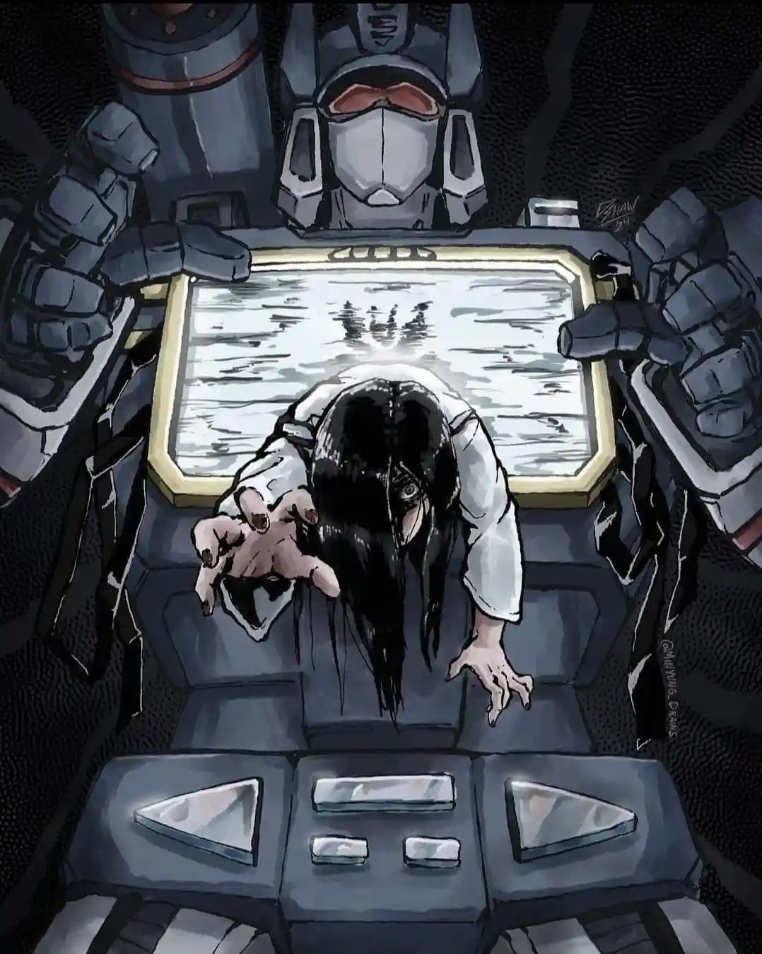 A person with long black hair, wearing a white shirt, is crawling on a dark, metallic floor, reaching up with one hand…