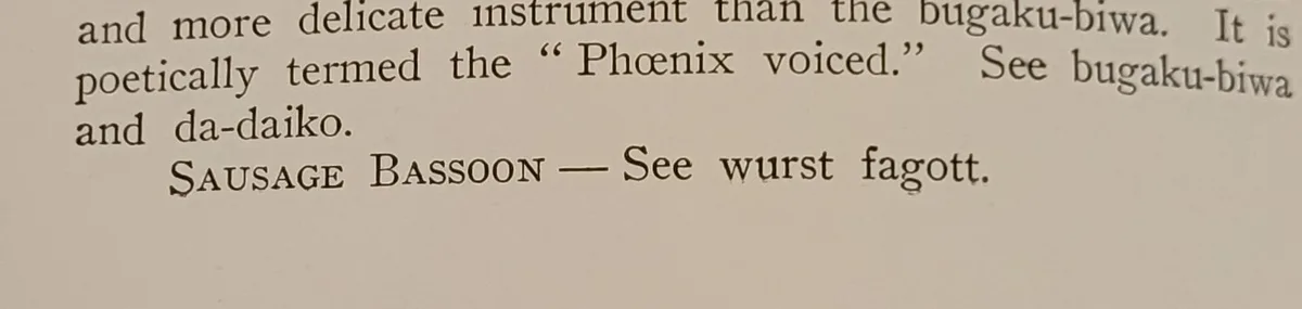 The image shows a close-up of printed text resembling an encyclopedia entry, with the last line reading 'SAUSAGE BASSOON…