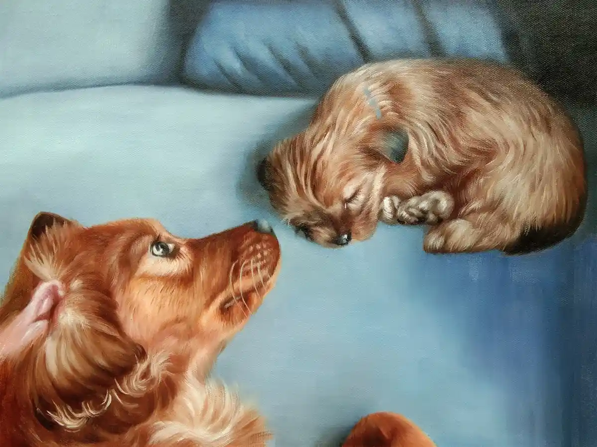 A realistic painting shows a golden-brown dog looking up at a sleeping, curled-up puppy of the same breed on a blue couch…