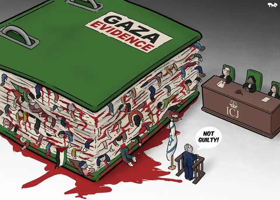 A giant green evidence binder labeled 'GAZA EVIDENCE' is shown with human figures embedded in its pages, stained with red…