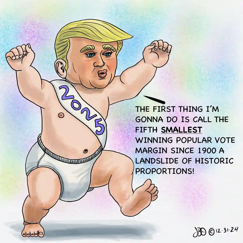A cartoon baby with Donald Trump's distinctive hairstyle and facial features wears a diaper and a sash reading '2025'. The…