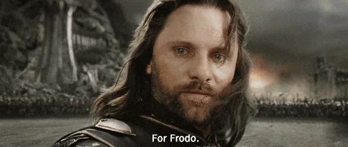 The image shows a sequence from 'The Lord of the Rings' where Aragorn, in a battle scene, repeatedly says 'For Frodo.' The…