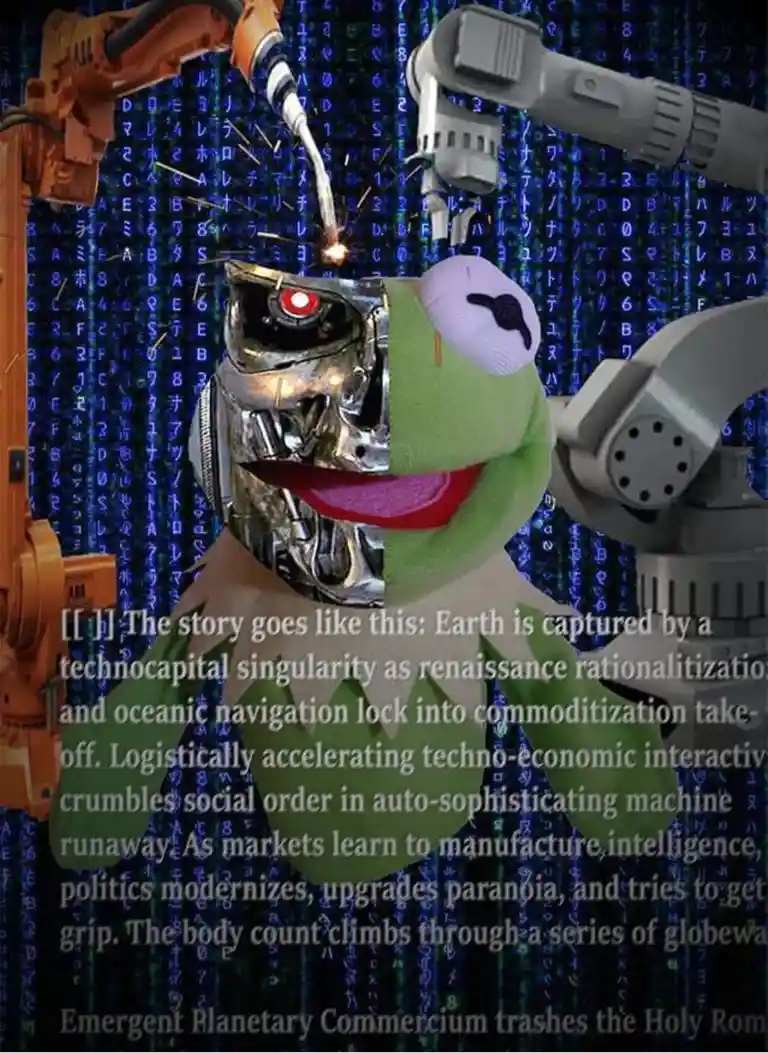 A split-face image shows Kermit the Frog on the right side and a Terminator-style robotic head on the left, with robotic…