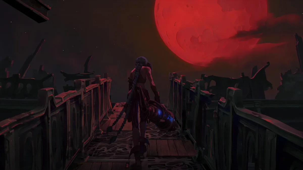 A character with long braided hair walks away down a wooden bridge toward a massive, ominous red moon. The scene is dark and…