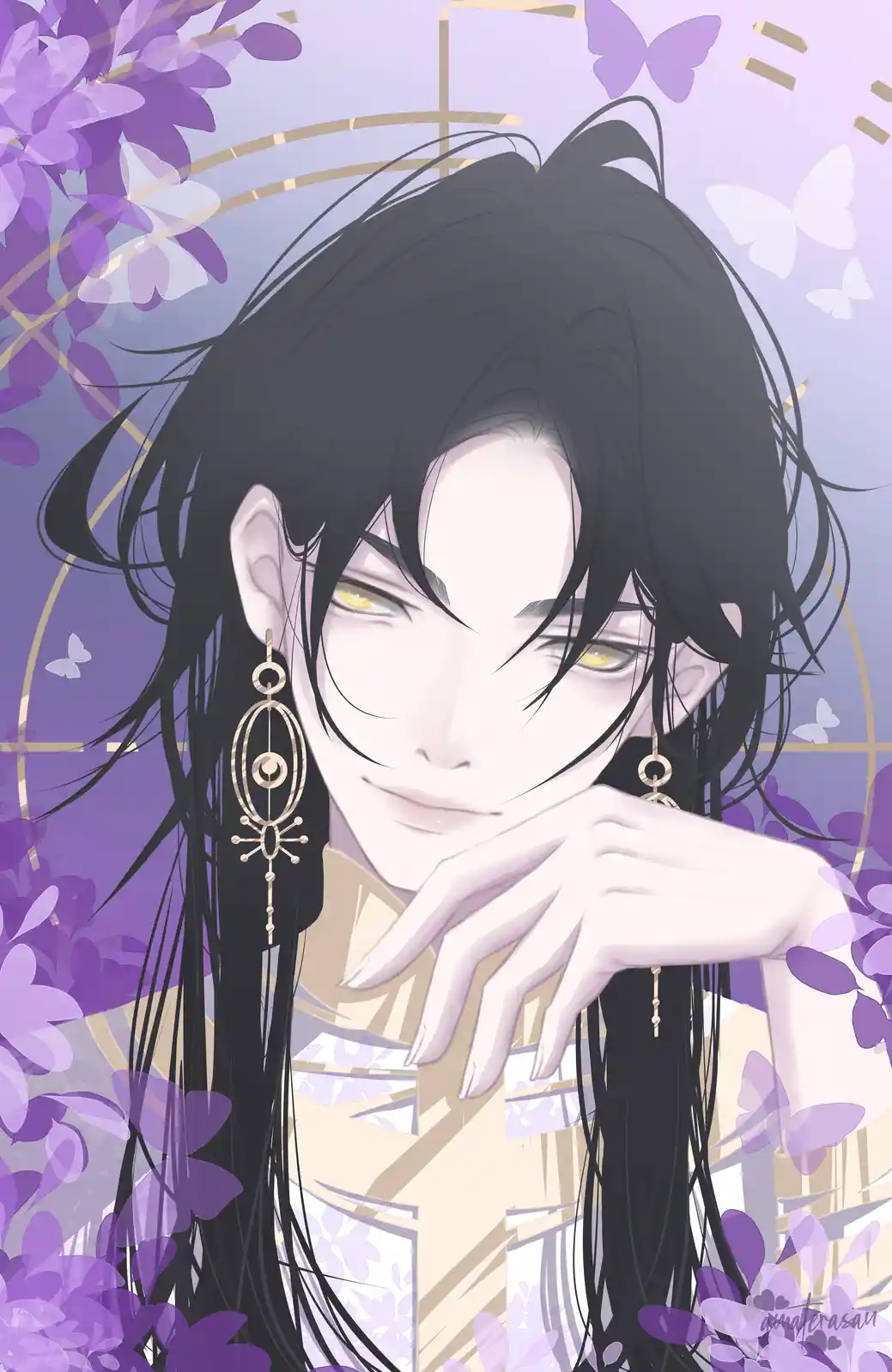 An anime-style illustration of a person with long black hair, golden eyes, and ornate gold earrings, resting their chin on…