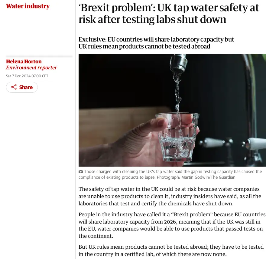 A screenshot of a news article from The Guardian dated December 7, 2024, with the headline 'Brexit problem': UK tap water…