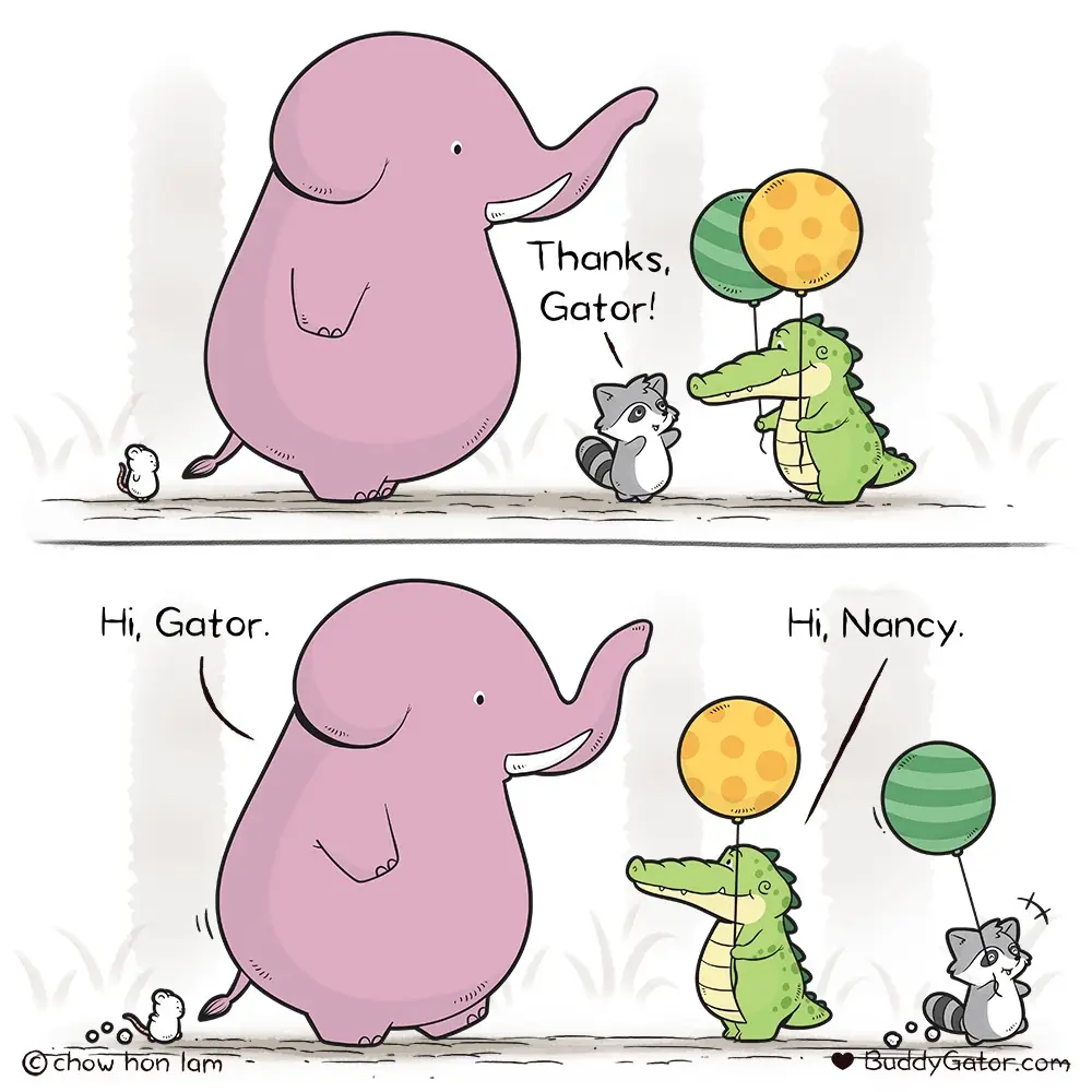 A two-panel cartoon shows a pink elephant interacting with a green alligator and a raccoon. In the top panel, the raccoon…