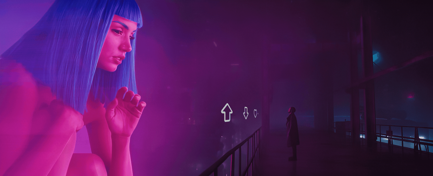 A woman with blue hair and a pink-lit background points at a distant figure. In the first three panels, she gestures with…