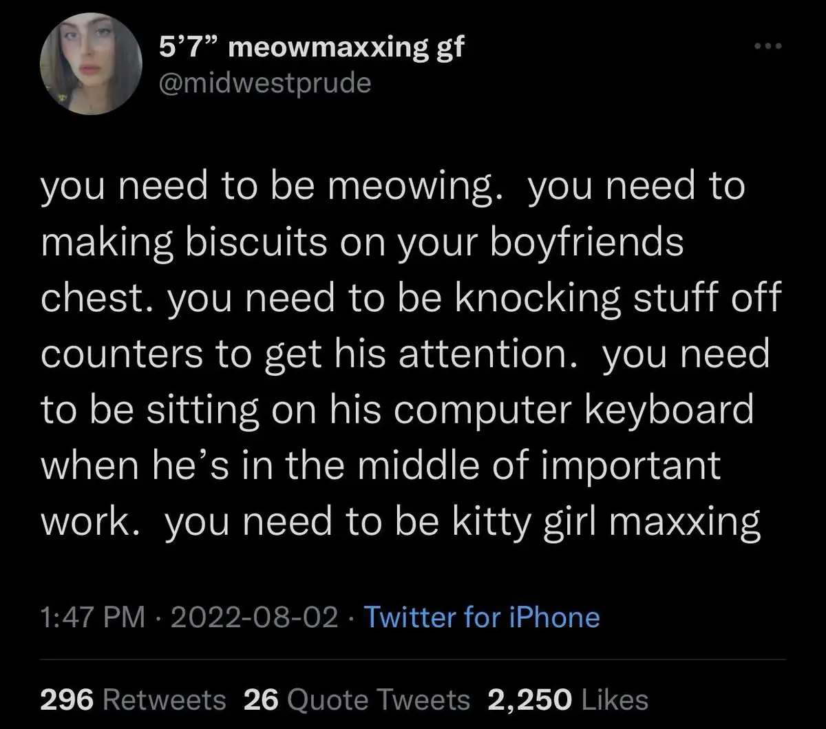 A screenshot of a Twitter post by user @midwestprude, who identifies as a 5'7" 'meowmaxxing gf'. The post contains a list of…