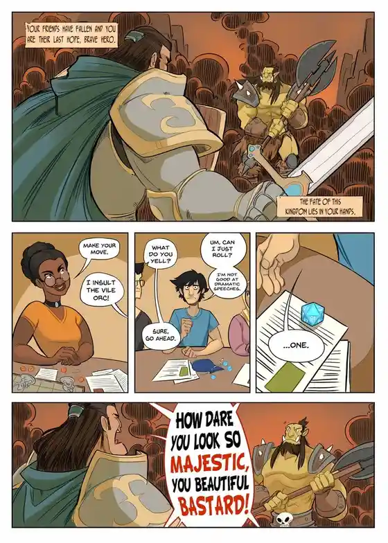 A comic strip shows a fantasy hero facing a villainous orc, with dramatic narration. In a D&D-style tabletop game, players…