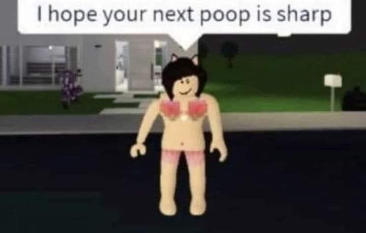 A Roblox avatar with cat ears, pink bikini top and bottoms, stands in front of a house at night. A speech bubble above her…