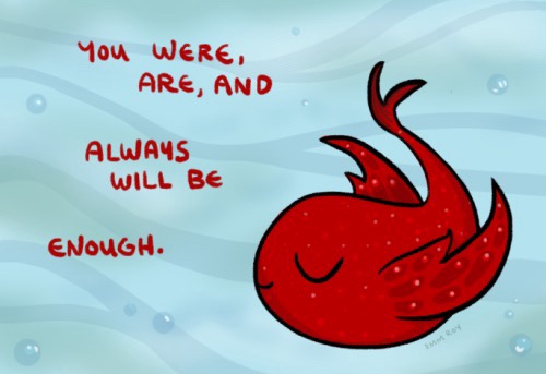 A cartoon red whale with closed eyes and a serene expression swims in light blue water with bubbles. Red handwritten text to…