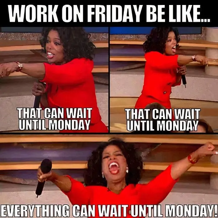 A three-panel meme featuring Oprah Winfrey in a red outfit, holding a microphone, and progressively more exuberant in her…
