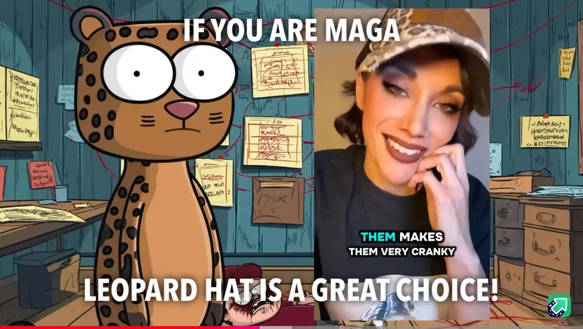 The image is a split-screen meme. On the left, a cartoon leopard with large eyes stands in a cluttered room with sticky…