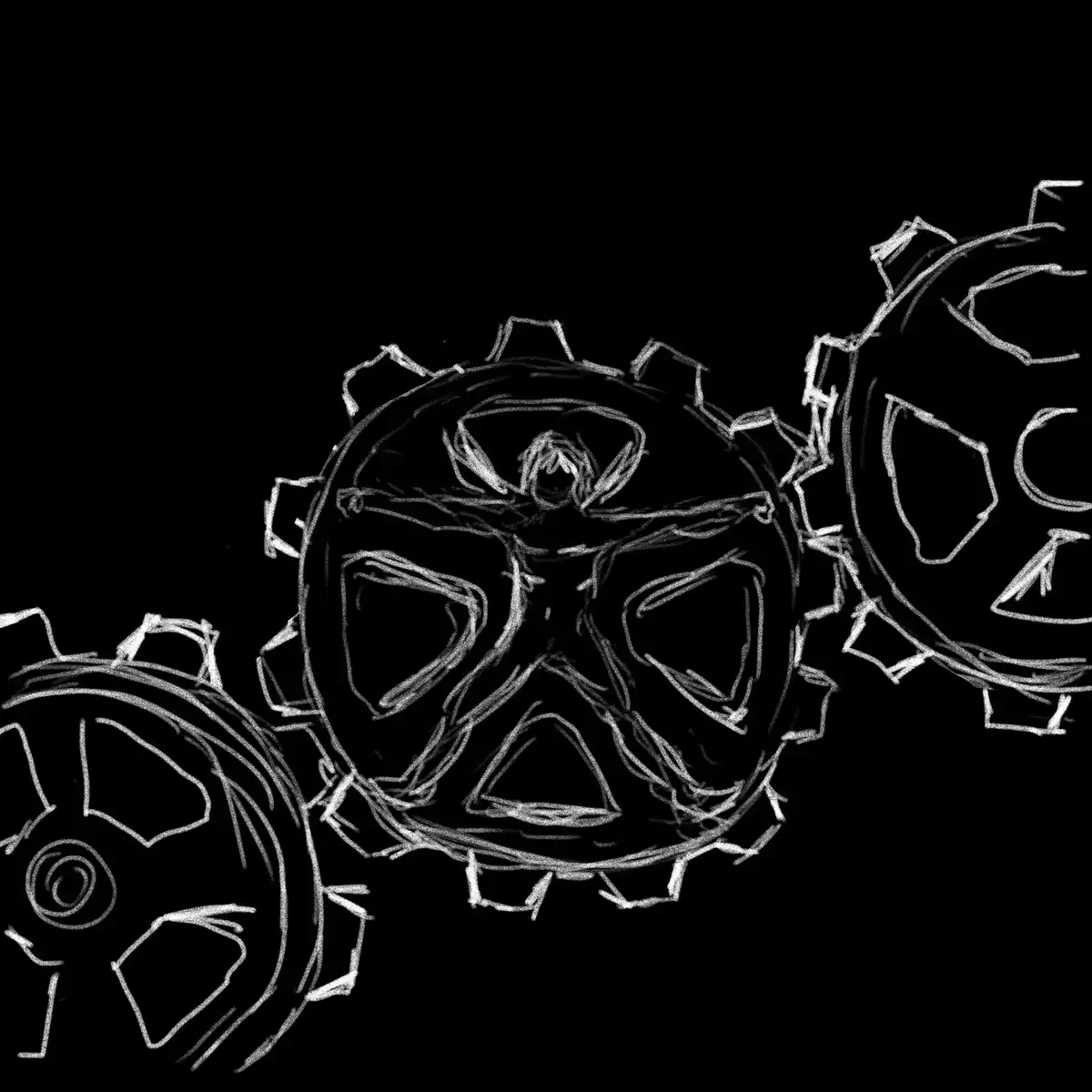 A black-and-white sketch shows three interlocking gears drawn with a chalk-like texture against a solid black background…