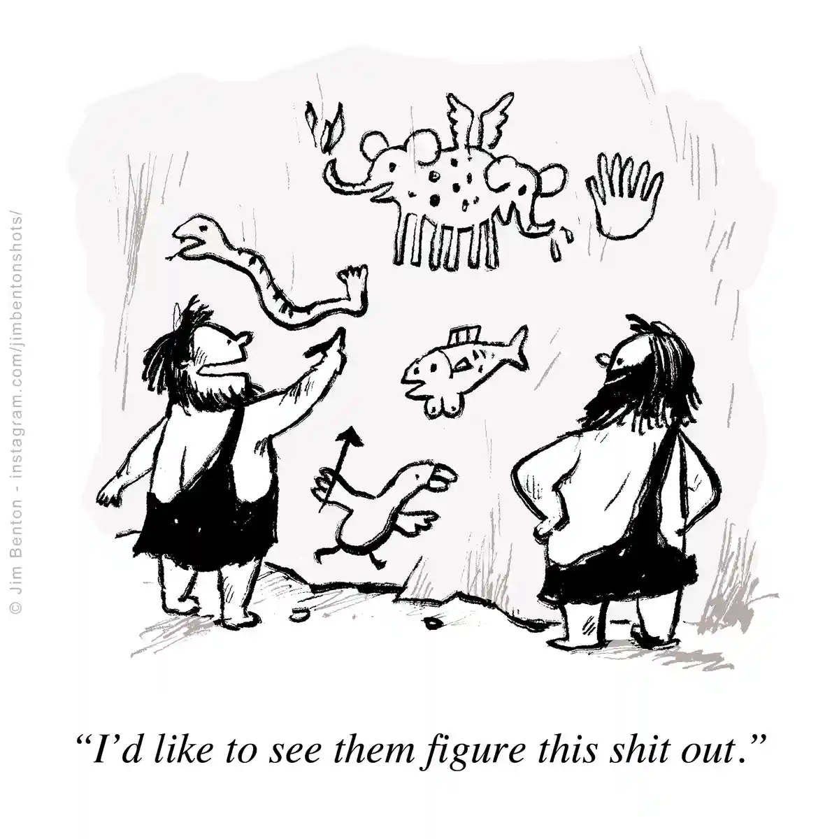 A black-and-white cartoon depicts two cavemen in front of a cave wall covered in crude drawings of animals like a snake, a…