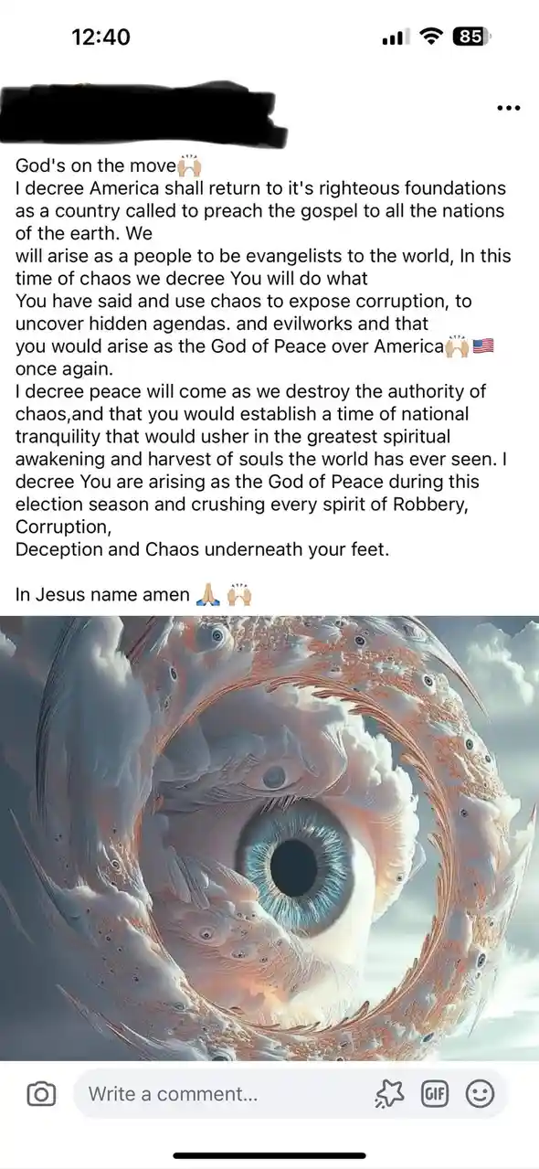 The image displays a screenshot of a social media post featuring a large, surreal, cloud-like eye with smaller eyes embedded…