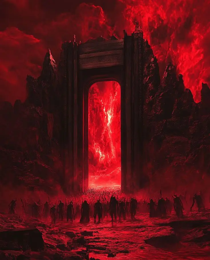 A dark, apocalyptic scene shows a massive, ancient stone archway embedded in jagged mountains, glowing with intense red…